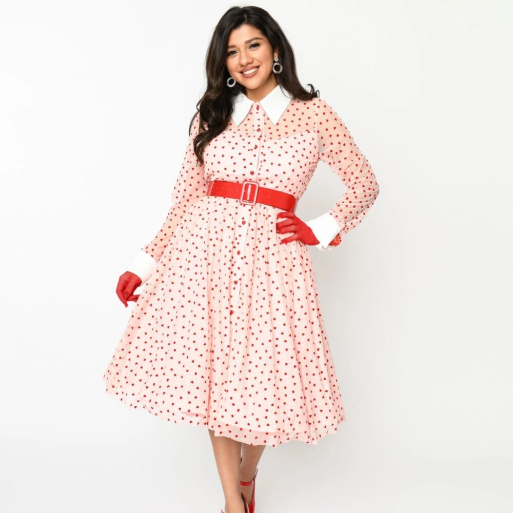 Unique Vintage Pink & Red Flocked Hearts Tulle Swing Dress
